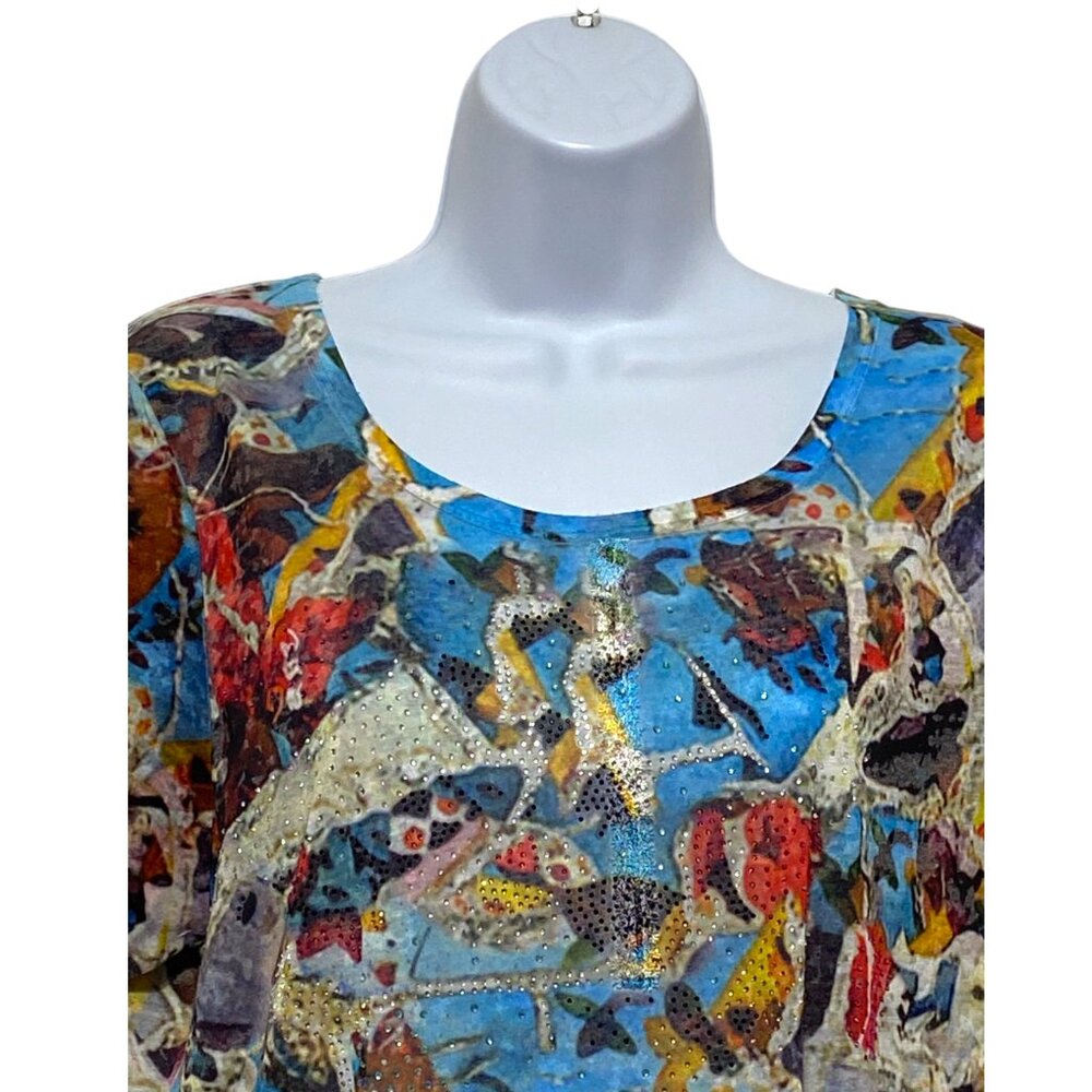 Women's Large Pullover Top Multi-Color Rhinestone Design By-Color Works - Picture 3 of 4